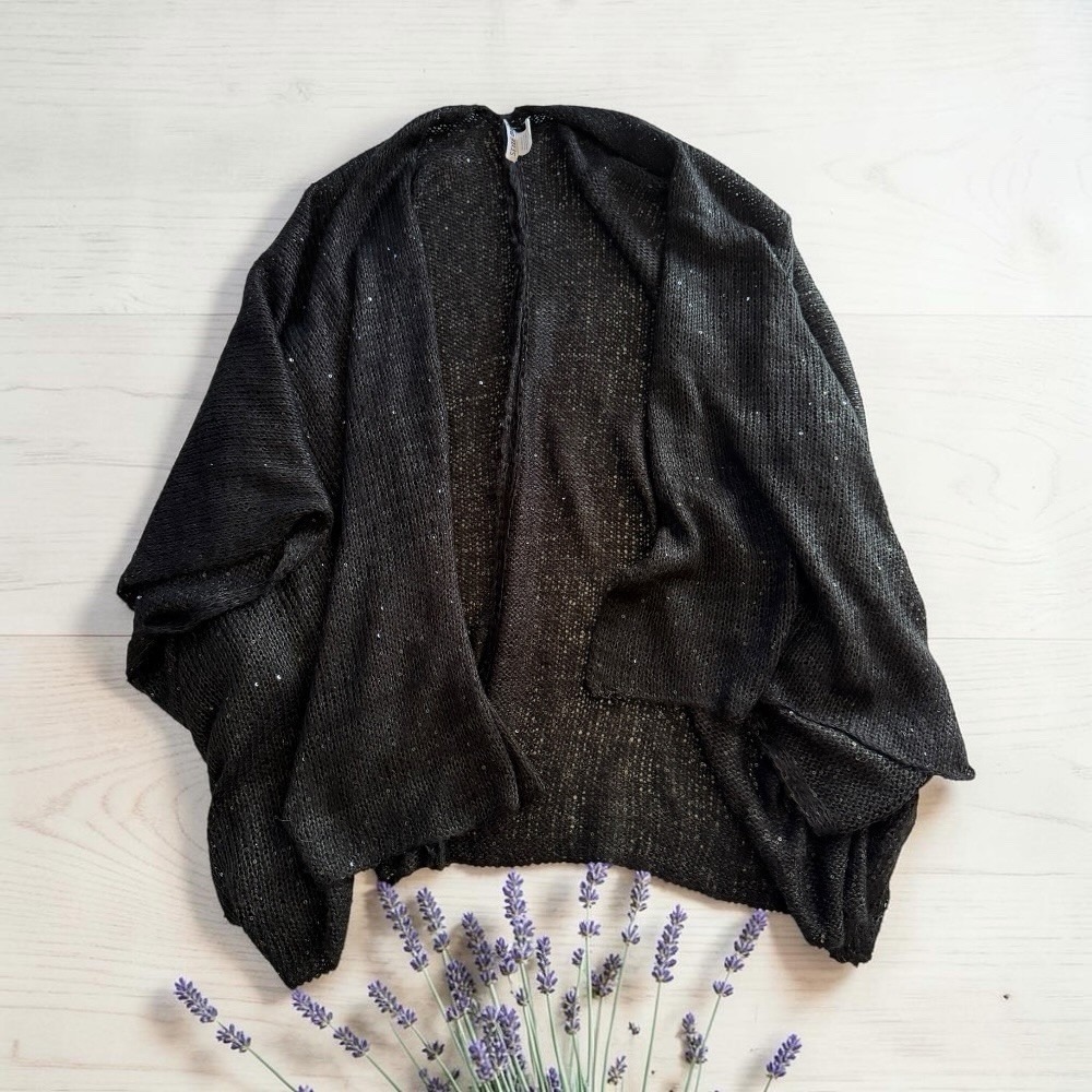 Style‎ 101 Black Silver Metallic Sparkle Open Front Cardigan Shrug Draped Vest